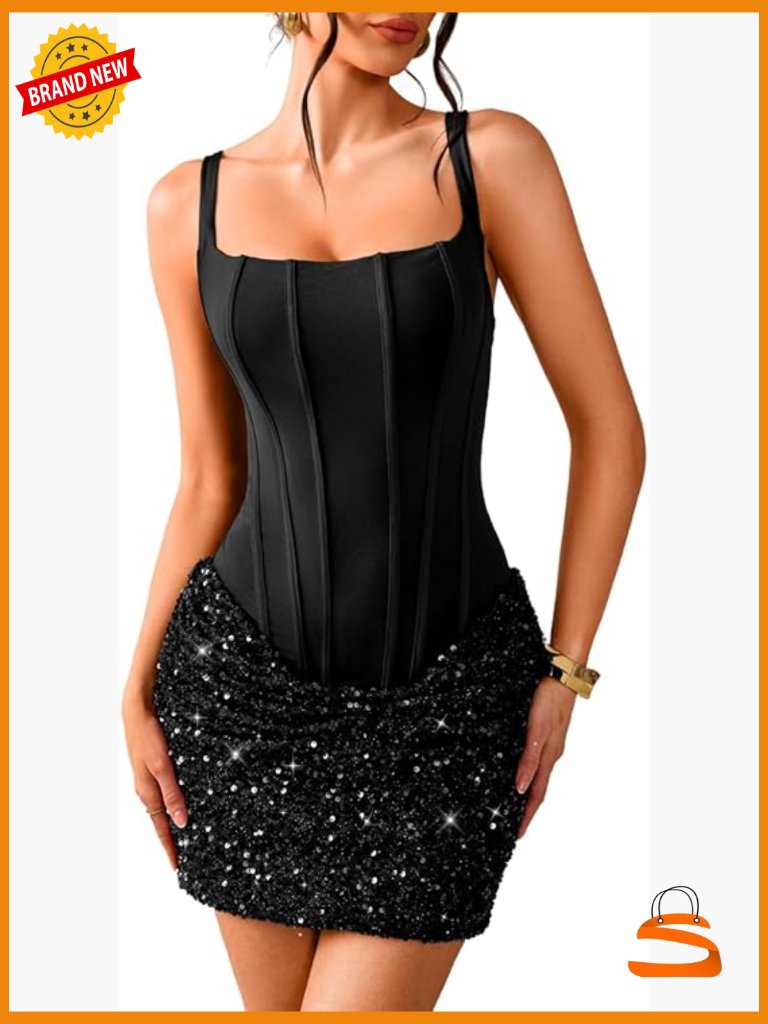 Square Neck Lace Up Corset Mini Dress Sequin Homecoming
